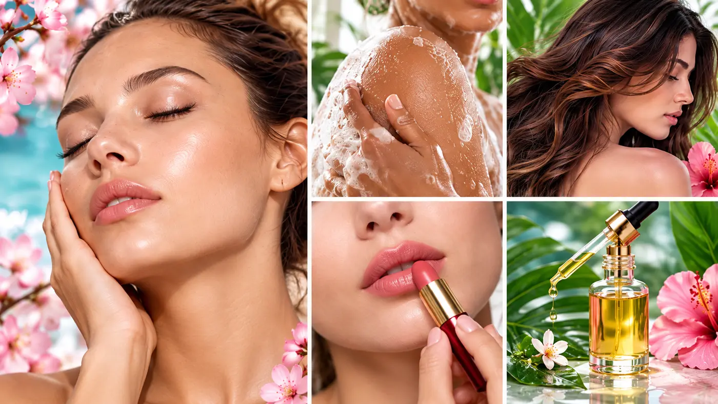 Mosaïque de l’univers beauté : visage, corps, cheveux, maquillage et huiles
