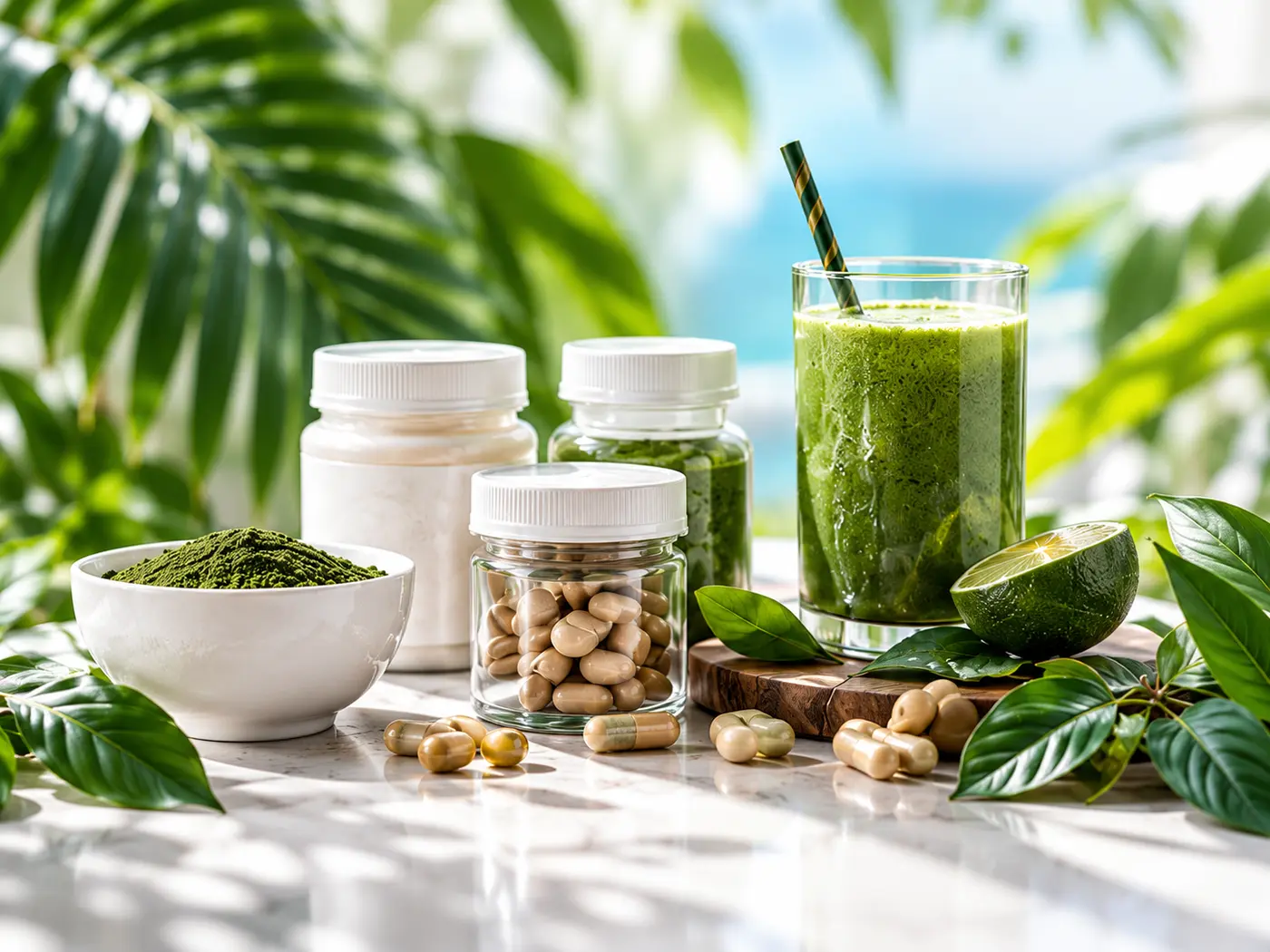 Produits de nutrition dans une ambiance végétale lumineuse